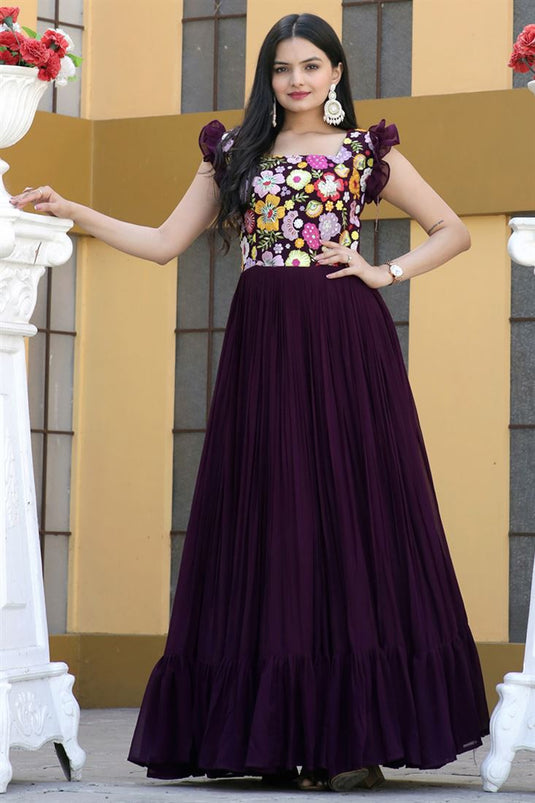 Designer Embroidered Wine Color Gown