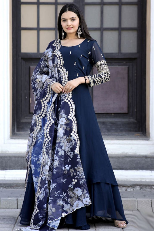 Heenastyle Navy Blue Color Soft Net Designer Evening Wear Plus Size Gown Suit - 3718149245