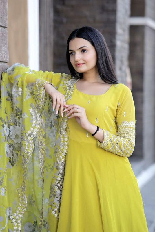 Yellow Color Party Wear ReadyMade Gown With Belt :: ANOKHI FASHION