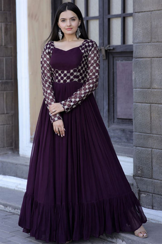 Charming Wine Color Georgette Fabric Readymade Gown
