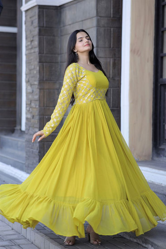 Butterfly net Fabrics Party Wear Readymade Gown In Yellow Color With  Embroidery Work - Party Wear Gown - Gown
