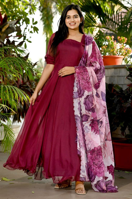 Maroon Color Art Silk Fabric Amazing Gown With Printed Dupatta