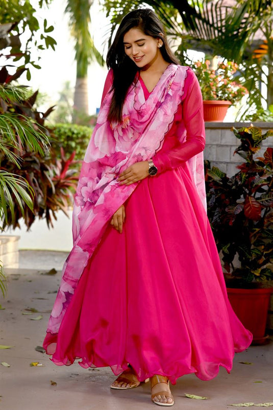 Art Silk Fabric Brilliant Gown With Printed Dupatta In Pink Color