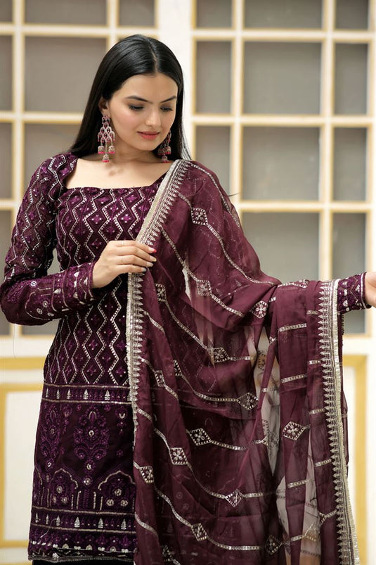 Wine Color Charismatic Readymade Georgette Sharara Suit