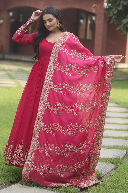 Georgette Fabric Rani Color Embroidered Readymade Long Gown With Dupatta