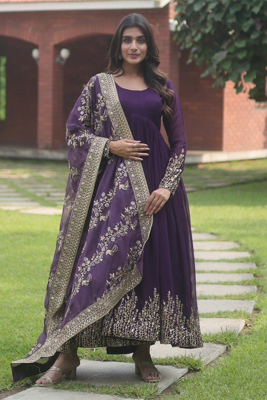 Purple Color Embroidered Readymade Long Gown With Dupatta