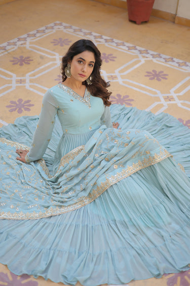 Sky Blue Color Embroidered Readymade Anarkali Style Long Gown With Dupatta