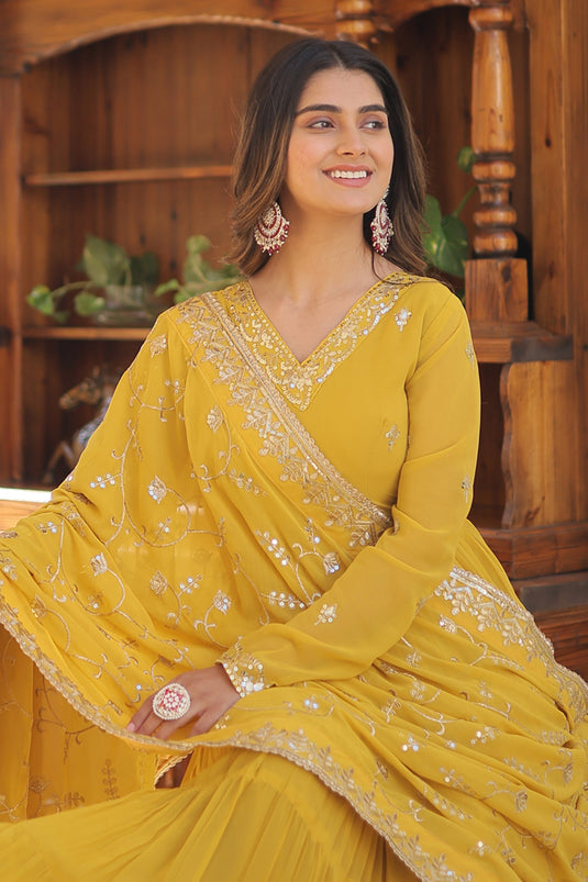 Yellow Color Embroidered Readymade Anarkali Style Long Gown With Dupatta