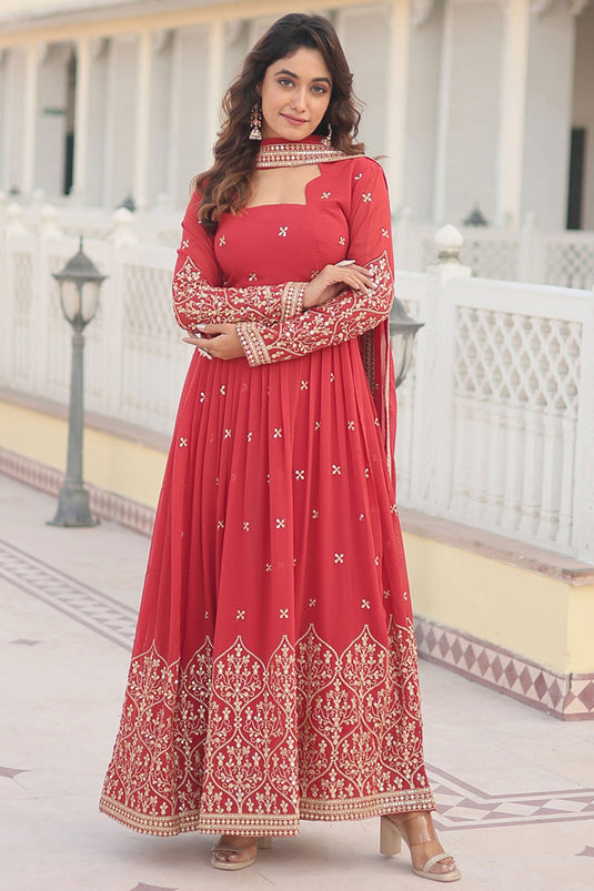 Georgette Fabric Red Color Embroidered Readymade Gown With Dupatta