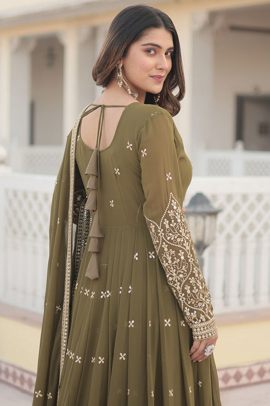 Mahendi Green Color Embroidered Georgette Fabric Readymade Gown With Dupatta