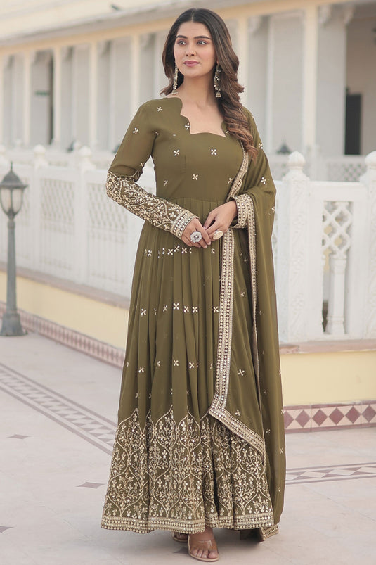 Mahendi Green Color Embroidered Georgette Fabric Readymade Gown With Dupatta