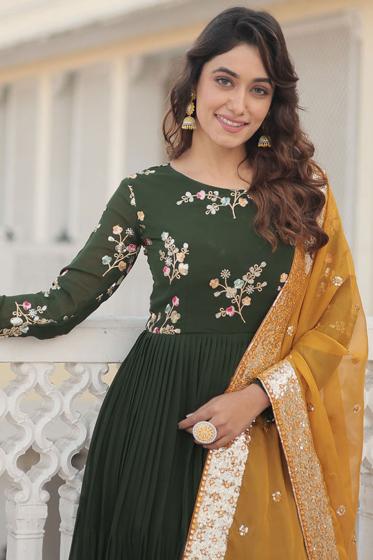 Function Wear Embroidered Work Green Color Fashionable Long Gown With Dupatta In Georgette Fabric