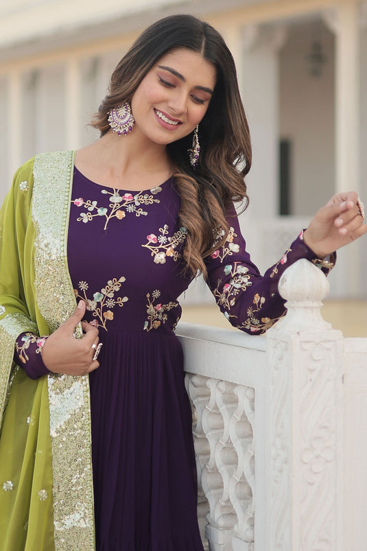 Georgette Fabric Embroidered Work Function Wear Glamorous Long Gown With Dupatta In Purple Color