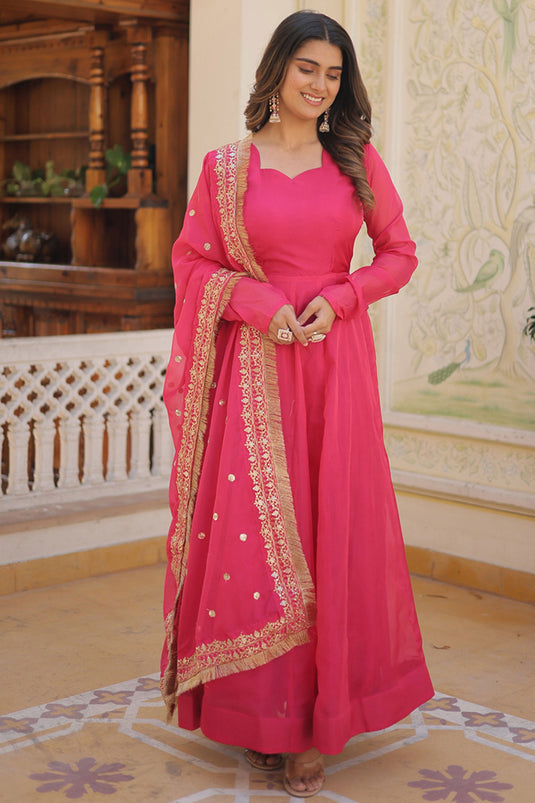 Art Silk Fabric Pink Color Stylish Readymade Gown With Sequins Work Dupatta