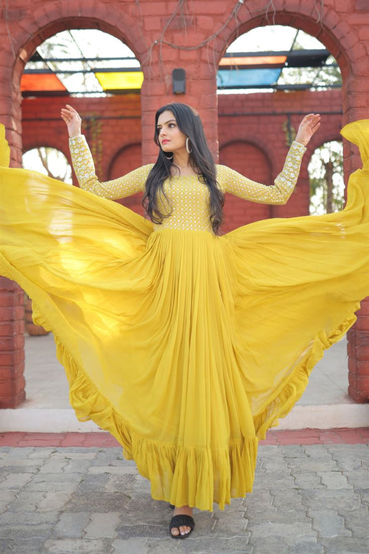 Georgette Fabric Function Wear Magnificent Gown In Yellow Color