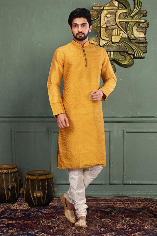 Art Silk Fabric Function Wear Readymade Mustard Color Kurta Pyjama For Men