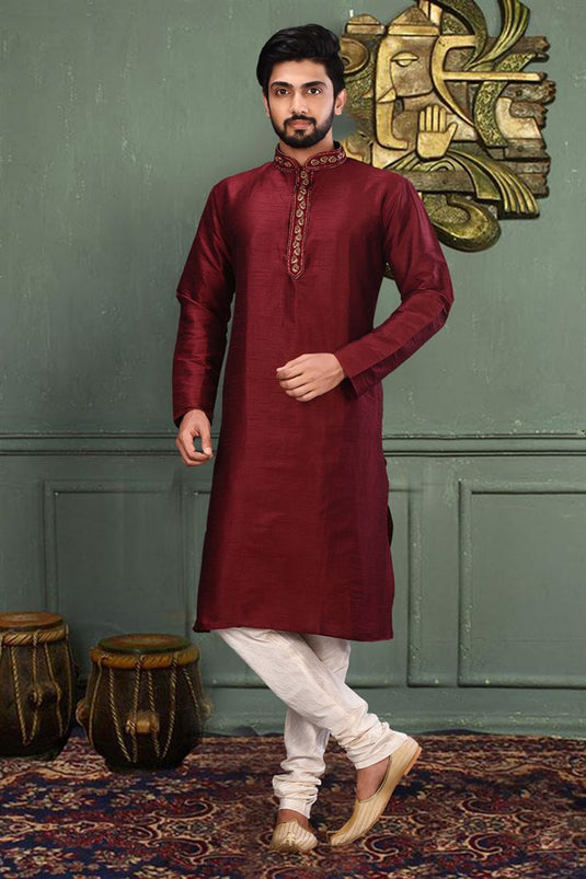 Festive Wear Readymade Kurta Pyjama For Men In Wine Art Silk Fabric