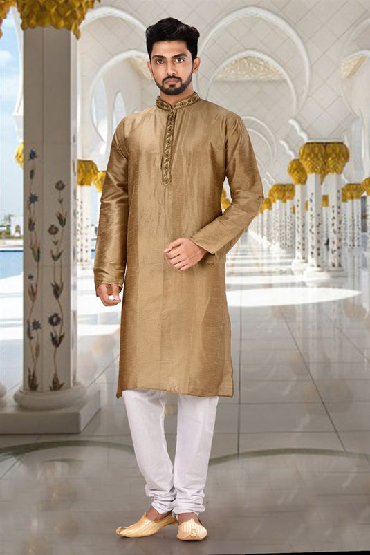 Pretty Art Silk Fabric Sangeet Wear Readymade Men Kurta Pyjama In Brown Color