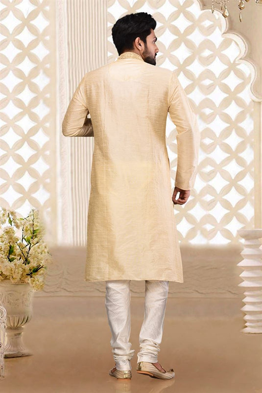 Beige Art Silk Graceful Readymade Men Kurta Pyjama For Festive Wear