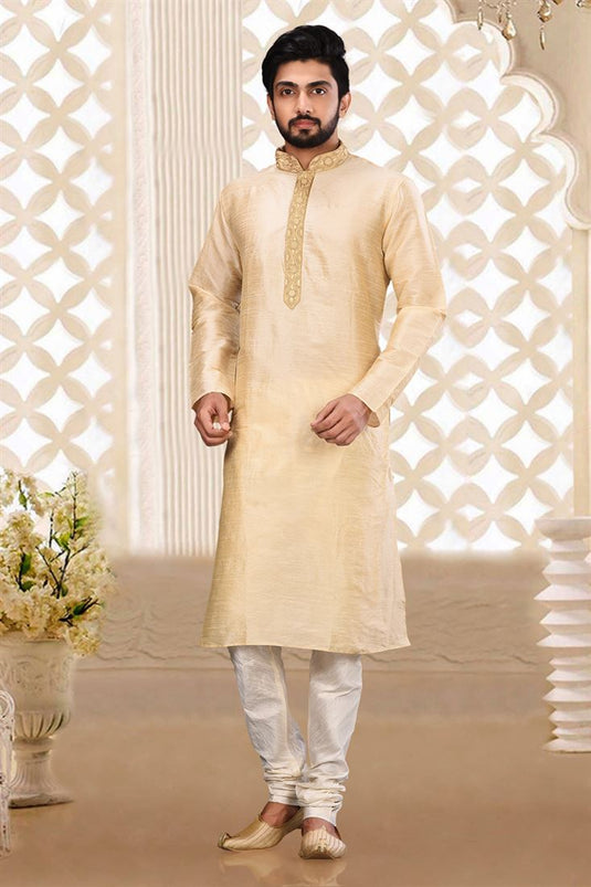 Beige Art Silk Graceful Readymade Men Kurta Pyjama For Festive Wear