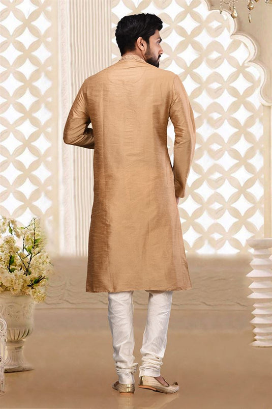 Art Silk Brown Color Wedding Wear Readymade Designer Men Kurta Pyjama