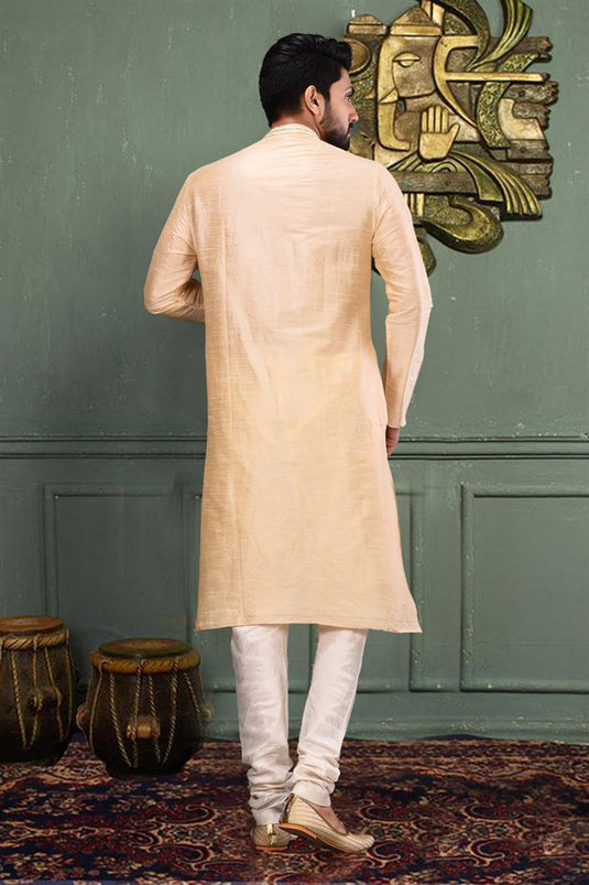 Art Silk Beige Magnificent Readymade Men Kurta Pyjama For Sangeet Wear