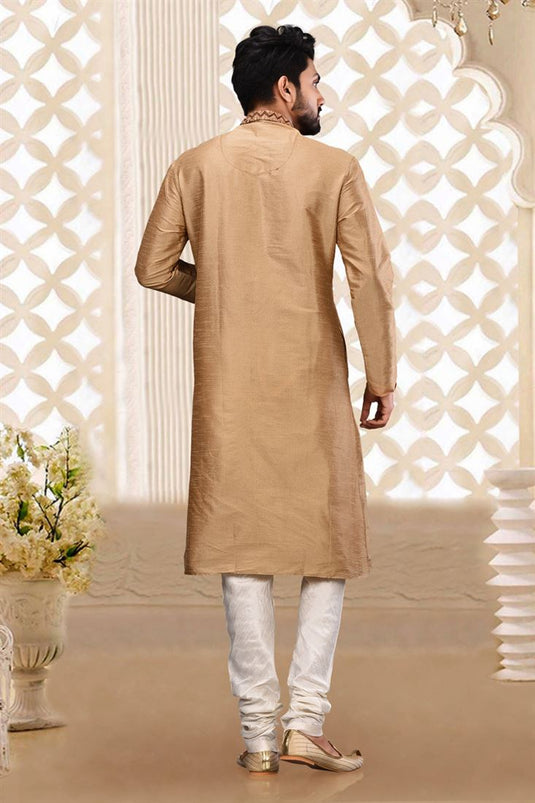 Art Silk Fabric Function Wear Readymade Brown Color Kurta Pyjama For Men