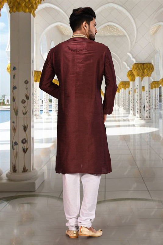 Pretty Art Silk Fabric Sangeet Wear Readymade Men Kurta Pyjama In Wine Color