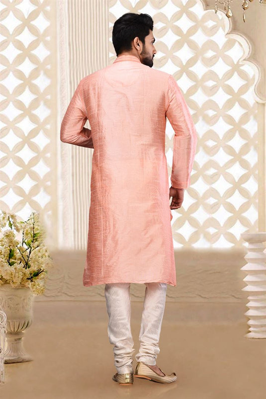 Art Silk Fabric Pink Color Festive Wear Trendy Readymade Men Kurta Pyjama