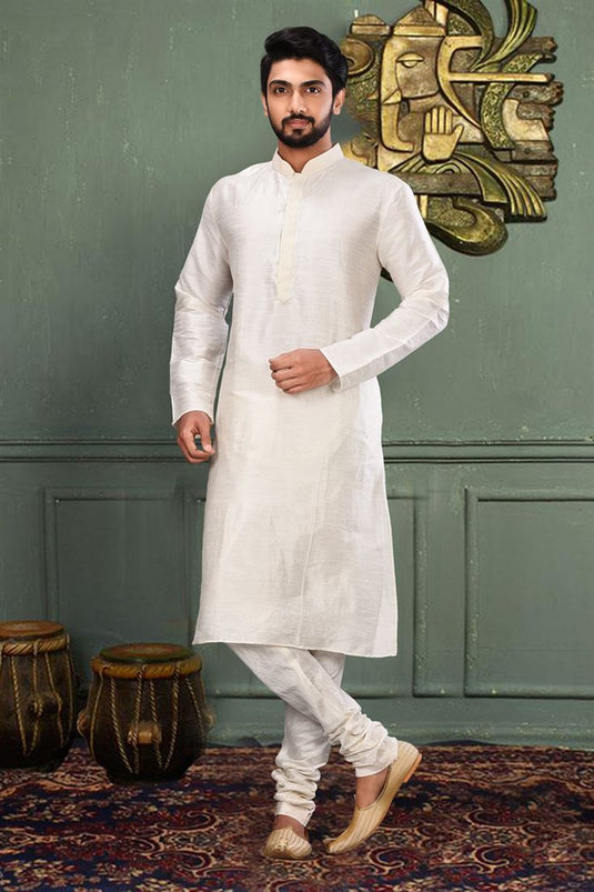 Fancy White Color Art Silk Fabric Function Wear Readymade Kurta Pyjama For Men