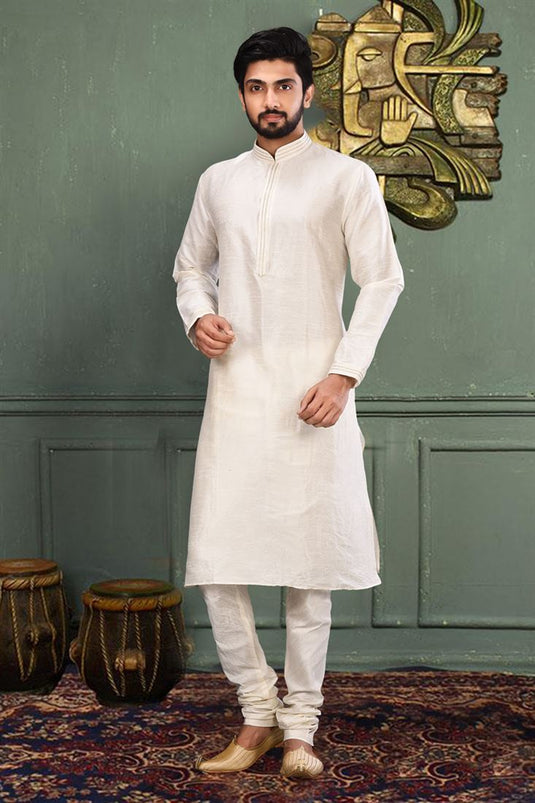 Art Silk Fabric White Color Festive Wear Readymade Men Stylish Kurta Pyjama