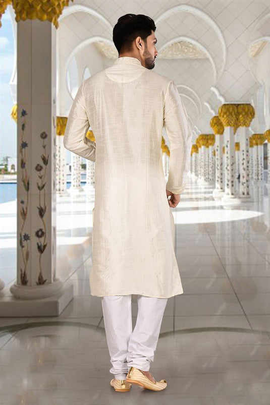 Off White Art Silk Fabric Sangeet Wear Trendy Readymade Kurta Pyjama For Men