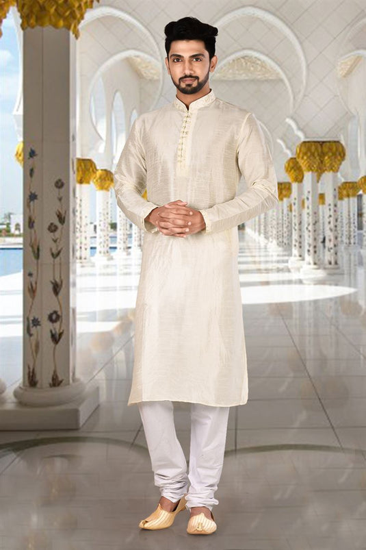 Off White Art Silk Fabric Sangeet Wear Trendy Readymade Kurta Pyjama For Men