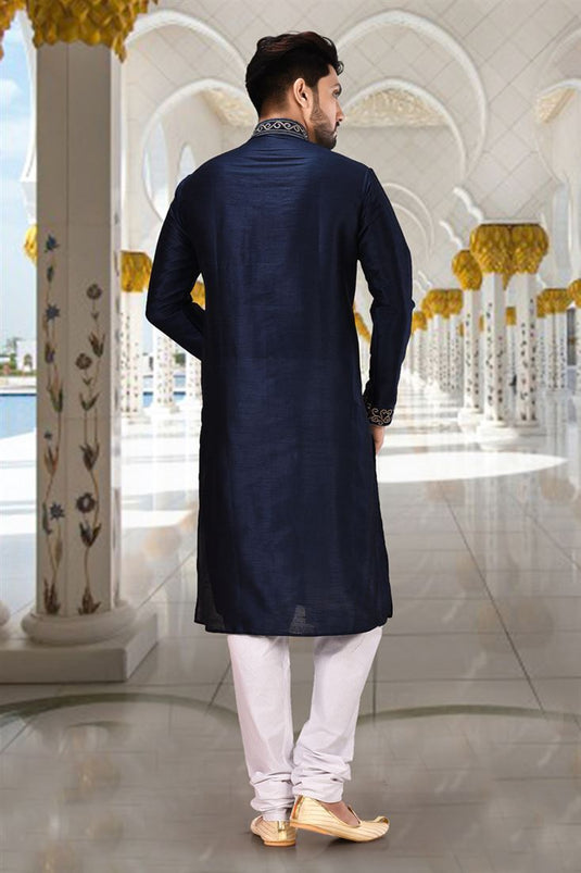 Art Silk Navy Blue Color Wedding Wear Readymade Designer Men Kurta Pyjama