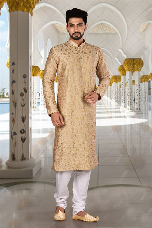 Beautiful Cream Color Wedding Wear Readymade Kurta Pyjama For Men In Art Silk Fabric