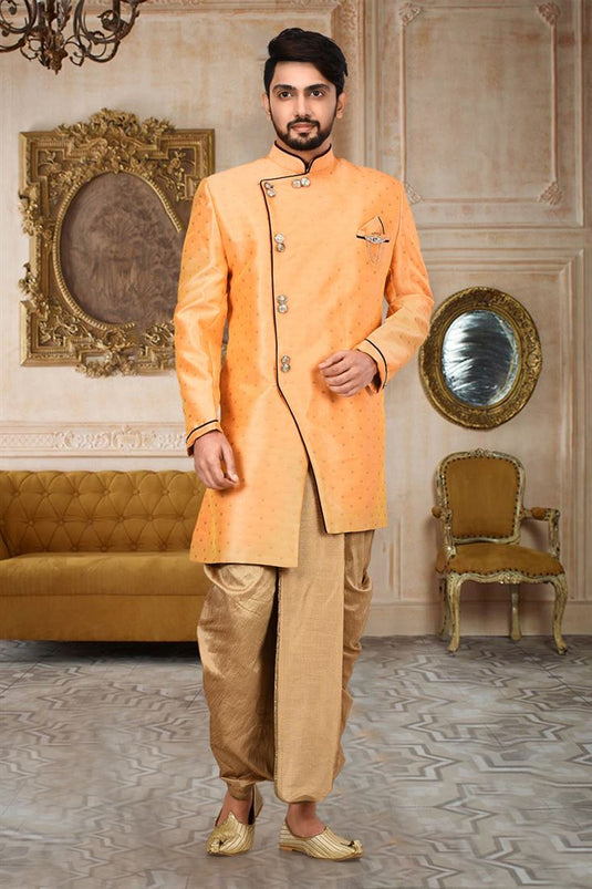 Stunning Peach Color Function Wear Readymade Men Indo Western With Dhoti