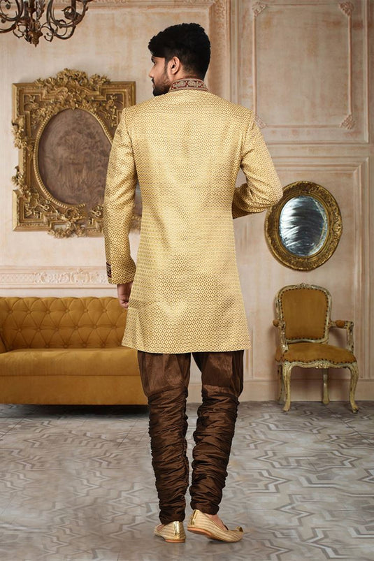 Reception Wear Attractive Readymade Men Indo Western In Beige Color