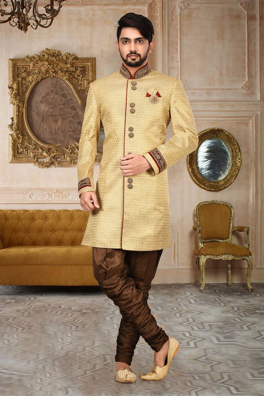 Reception Wear Attractive Readymade Men Indo Western In Beige Color