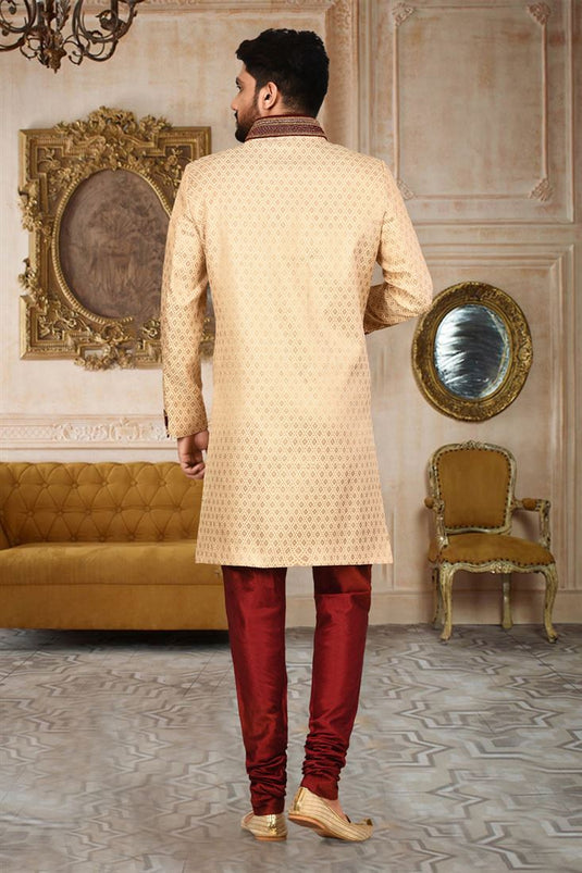 Beige Fancy Fabric Graceful Readymade Men Indo Western For Wedding Wear