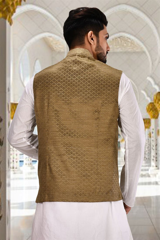 Sangeet Wear Brown Color Readymade Men Jacket In Fancy Fabric