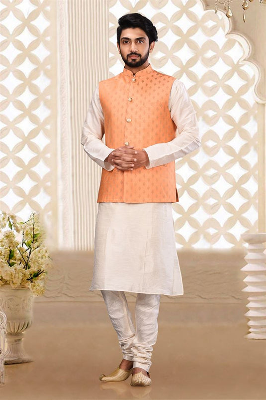 Fancy Fabric Peach Color Festive Wear Readymade Men Stylish Nehru Jacket