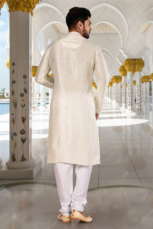 Art Silk Off White Magnificent Readymade Men Kurta Pyjama For Sangeet Wear