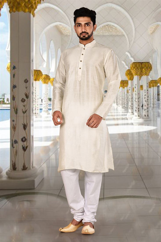 Art Silk Off White Magnificent Readymade Men Kurta Pyjama For Sangeet Wear