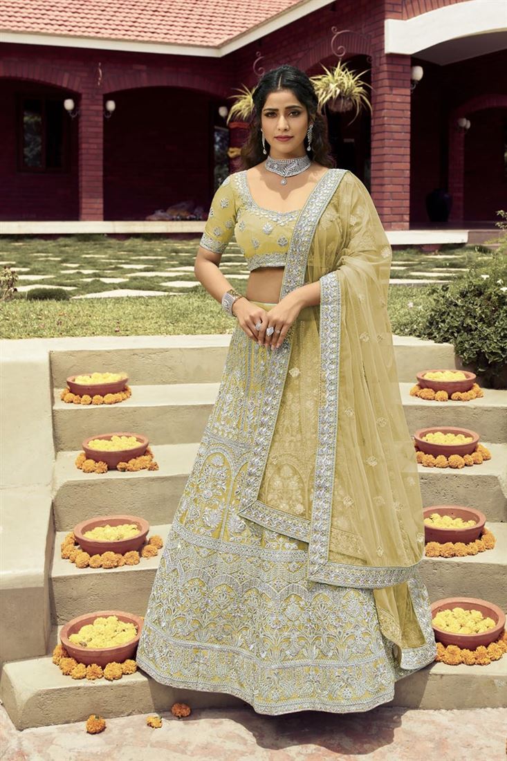 Exclusive Yellow Color Wedding Wear Art Silk Fabric Bridal Lehenga Wit