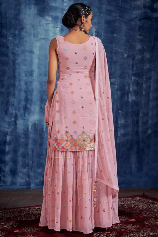 Georgette Sequins Work Sharara Suit In Pink Colour