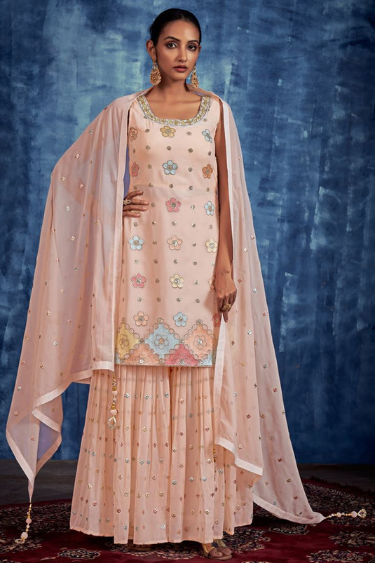 Georgette Sequins Work Sharara Suit In Peach Colour