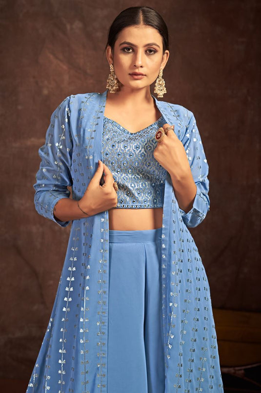 Blue Color Georgette Charming Readymade Palazzo Suit With Jacket