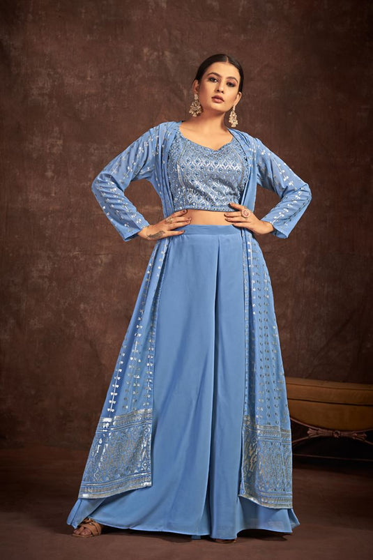 Blue Color Georgette Charming Readymade Palazzo Suit With Jacket
