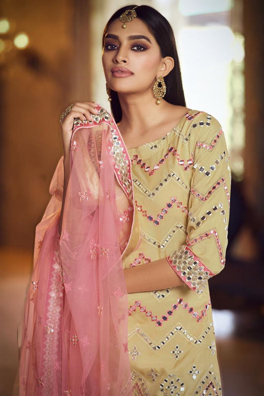 Exclusive Festive Wear Organza Fabric Chic Embroidered Yellow Color Sharara Suit