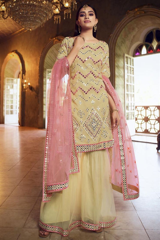 Exclusive Festive Wear Organza Fabric Chic Embroidered Yellow Color Sharara Suit